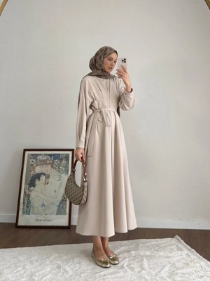 RFK Butik Kadın Pensli Double Kumaş Elbise - Açık Bej