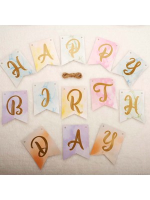 Patladı Gitti Renkli Happy Birthday Gold Mini Banner 1 Adet Asma İpi ile Parti Kutlama Malzemeleri