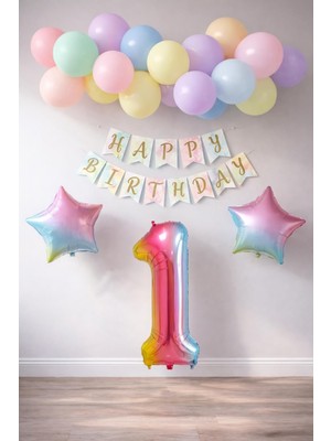 Patladı Gitti Gökkuşağı Konsepti 1 Yaş Doğum Günü Parti Kutlama Seti; Rakam ve Yıldız Folyo, Banner ve Makaron Balon