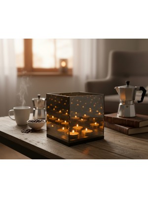 Glow Designing Ahşap Tabanlı Mumluk - Dört Mumlu Sonsuzluk Aynalı Mumluk - Hediye Mum Gönderilmektedir.