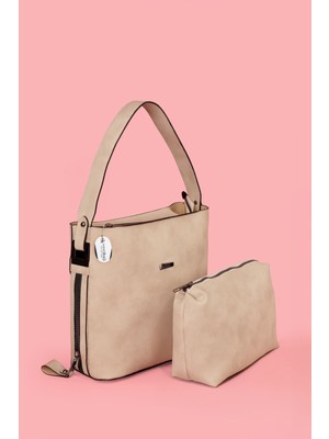 Westbag Fermuar Detaylı Yavrulu Kadın Omuz Çantası Krem