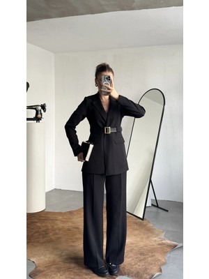 Asfa Moda Kadın Siyah Blazer Ceket Pantolon Takım Kemer Detaylı