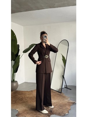 Asfa Moda Kadın Kahverengi Blazer Ceket Pantolon Takım Kemer Detaylı