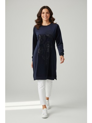 Ece Giyim Kadın Önü Taş Detaylı Altı Bantlı Kolağzı Lastikli Tunik