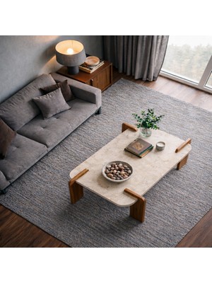 tridihome Traverten Görünümlü Minimalist Salon Sehpası - Doğal Ahşap Detaylı 120X60 cm Iskandinav Tarzı Açık Gri Orta Sehpa - Büyük Boy Salon Ofis Lüks Sehpa Şık ve Modern Beyaz Orta Sehpa