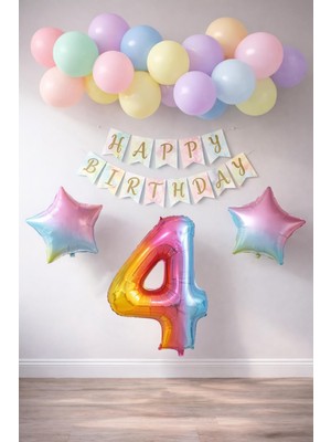 Patladı Gitti Gökkuşağı Konsepti 4 Yaş Doğum Günü Parti Kutlama Seti; Rakam ve Yıldız Folyo, Banner ve Makaron Balon