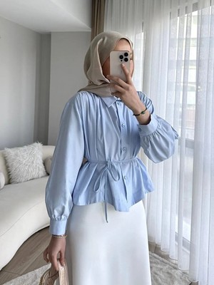 RFK Butik Kadın Omuzu Pileli Etek Üstü Oversize Kısa Gömlek - Mavi