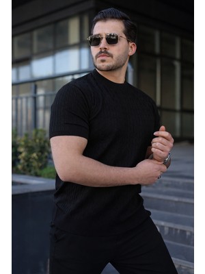 Comstar Erkek Premium Çizgili Yazlık Siyah Dar Triko Tişört