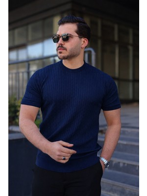 Comstar Erkek Premium Çizgili Yazlık Lacivert Dar Triko Tişört