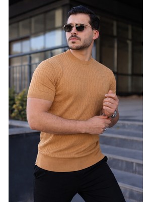 Comstar Erkek Premium Çizgili Yazlık Camel Dar Triko Tişört