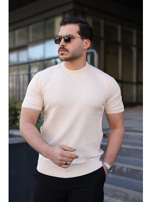 Comstar Erkek Premium Çizgili Yazlık Krem Dar Triko Tişört