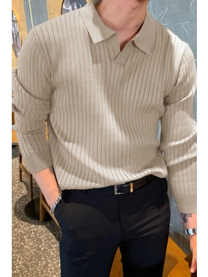 Cool Tarz Erkek Polo Yaka Triko Kazak Slim Fit Fitilli