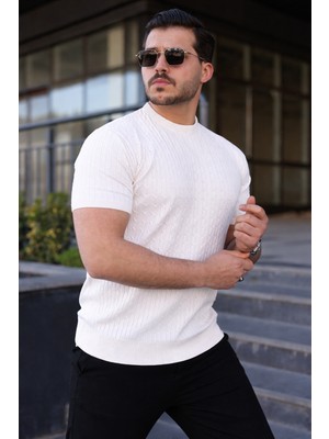Comstar Erkek Premium Çizgili Yazlık Beyaz Dar Triko Tişört