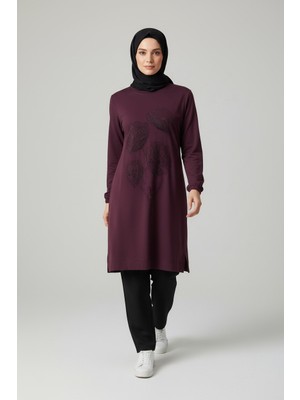 Ece Giyim Kadın Önü Taş Detaylı Altı Bantlı Kolağzı Lastikli Tunik