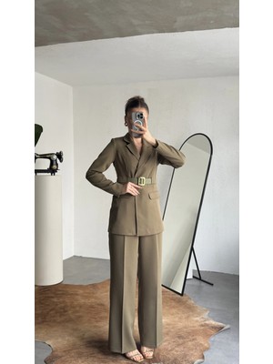 Asfa Moda Kadın Haki Blazer Ceket Pantolon Takım Kemer Detaylı