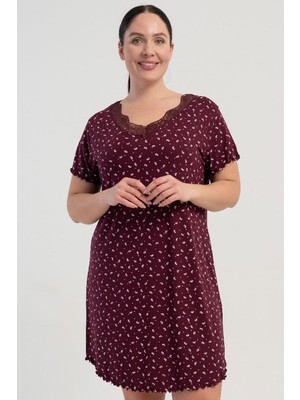 Vienetta Kadın Büyük Beden Kısa Kol V Yaka Dantelli Viskon Bordo Gecelik C1T6N0215