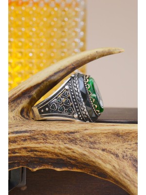 Innuendo Jewelry 925 Ayar Gümüş Yeşil Mineli Tuğralı Erkek Yüzük