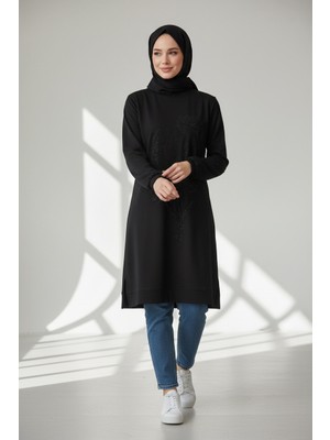 Ece Giyim Kadın Önü Taş Detaylı Altı Bantlı Kolağzı Lastikli Tunik