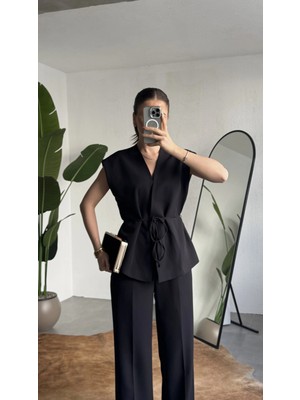 Asfa Moda Kadın Siyah Düğmeli Bağlamalı Yelek Pileli Palazzo Pantolon Takım Bağlama Detaylı Şık Ikili Takım