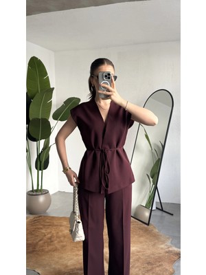 Asfa Moda Kadın Bordo Düğmeli Bağlamalı Yelek Pileli Palazzo Pantolon Takım Bağlama Detaylı Şık Ikili Takım