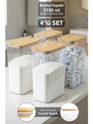 Meleni Home 4 Adet Aura Deterjan Saklama Kutusu - Hava Almaz Bambu Kapak Toz Tablet Deterjan Saklama Kabı 3,1 Lt