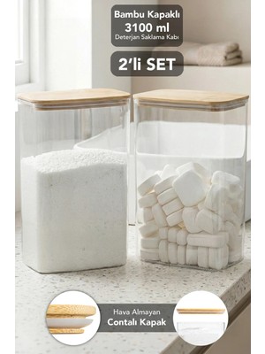 Meleni Home 2 Adet Aura Deterjan Saklama Kutusu - Hava Almaz Bambu Kapak Toz Tablet Deterjan Saklama Kabı 3,1 Lt