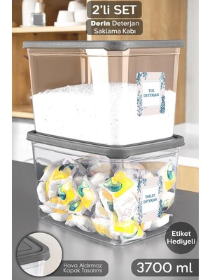 Meleni Home 2'li Etiketli Deterjan Saklama Kutusu - Şeffaf Derin Banyo Tablet Toz Deterjan Kutusu 3,7 Litre