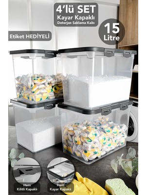 Meleni Home 4'lü Etiketli Deterjan Saklama Kutusu - 15 Lt Sürgülü Kilitli Kapak Tablet Toz Deterjan Kabı Gri