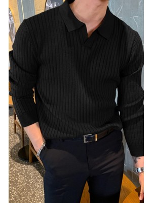 Cool Tarz Erkek Polo Yaka Slim Fit Siyah Triko Kazak Modern ve Şık Tasarım