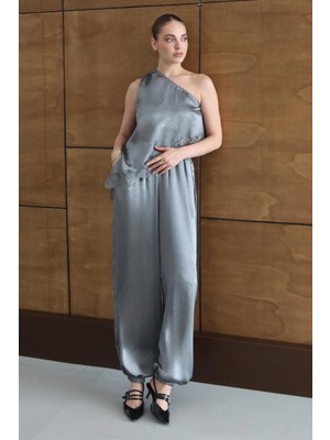 Lijuri Etek Ucu Dantel Detaylı ve Şalvar Pantolonlu Tek Omuz Takım 10335