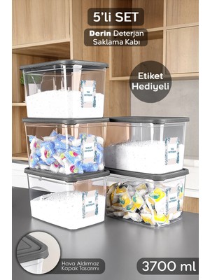Meleni Home 5'li Etiketli Deterjan Saklama Kutusu - Şeffaf Derin Banyo Tablet Toz Deterjan Kutusu 3,7 Litre