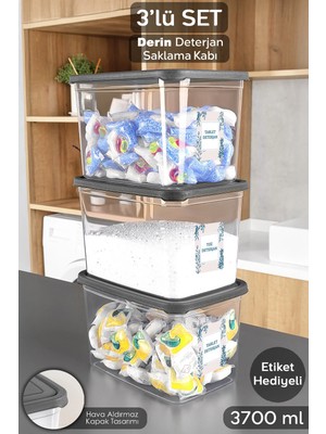 Meleni Home 3'lü Etiketli Deterjan Saklama Kutusu - Şeffaf Derin Banyo Tablet Toz Deterjan Kutusu 3,7 Litre
