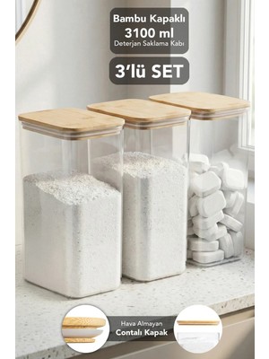 Meleni Home 3 Adet Aura Deterjan Saklama Kutusu - Hava Almaz Bambu Kapak Toz Tablet Deterjan Saklama Kabı 3,1 Lt
