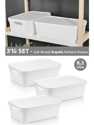 Meleni Home 3 Adet Kapaklı Dekoratif Piramit Saklama Kutusu - Dolap Düzenleyici Organizer Kutu 8,2 Litre Beyaz
