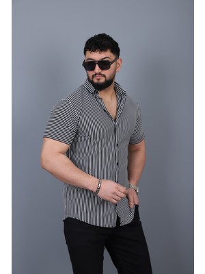 L-KOM Erkek Çizgili Örme Kısa Kollu Gömlek