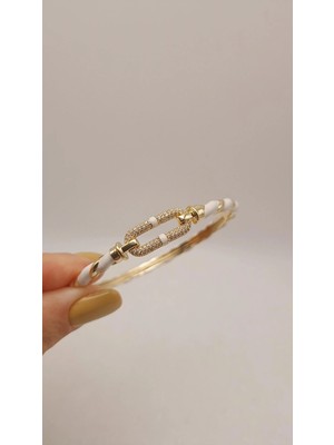 Tılsım Accesories Zirkon Taşlı Gold - Beyaz Mineli Kelepçe Bileklik