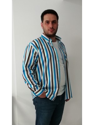 Tousus Büyük Beden Erkek Gömlek Uzun Kol Turkuaz Kalın Çizgili Pamuk Günlük Stil