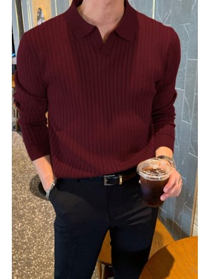 Cool Tarz Erkek Polo Yaka Triko Kazak Slim Fit Fitilli