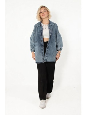 ribana Kadın Balon Kol Metal Düğmeli Kol Ucu Lastikli Cepli Kot Ceket 0662