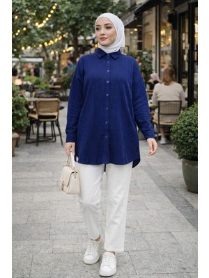 Moda Neva Pul Detaylı Çizgili Tunik Gömlek
