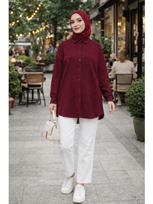 Moda Neva Pul Detaylı Çizgili Tunik Gömlek