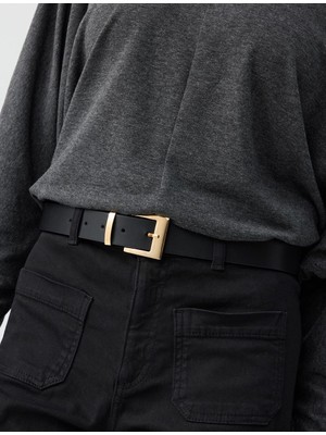 Jimmy Key Siyah Kalın Metal Tokalı Deri Görünümlü Kemer