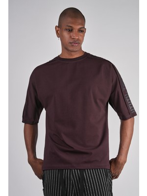 Ex-pent Erkek Dikim Detaylı Regular Kalıp Omuz Baskılı Pamuklu Bordo T-Shirt