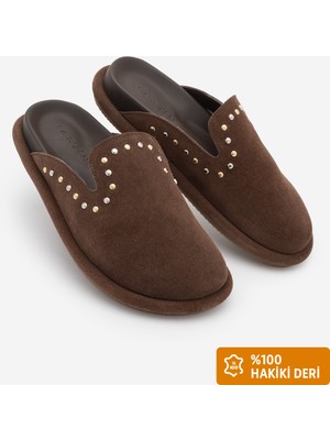 Marjin Kadın Hakiki Deri Zımbalı Troklu Sabo Günlük Terlik Sufite Kahve Süet