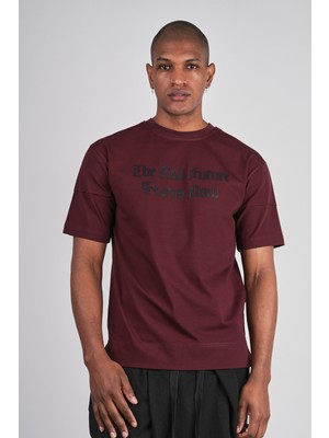 Ex-pent Erkek Dikim Detaylı Regular Kalıp Baskılı Pamuklu Bordo T-Shirt