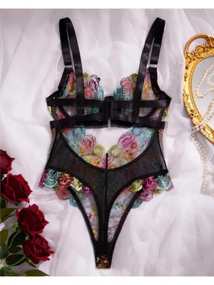 AGM Dantelli Bodysuit, , Renkli Çiçek Nakışlı Şeffaf File Detaylara Sahip Siyah  Kadın Bodysuit