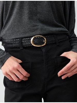 Jimmy Key Siyah Deri Görünümlü Örgü Desenli Kemer