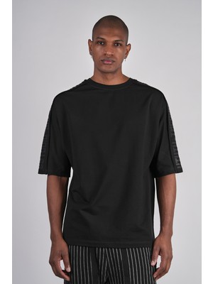 Ex-pent Erkek Dikim Detaylı Regular Kalıp Omuz Baskılı Pamuklu Siyah T-Shirt