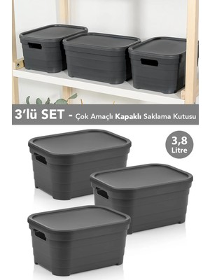 Meleni Home 3 Adet Kapaklı Dekoratif Piramit Saklama Kutusu - Dolap Düzenleyici Organizer 3,8 Litre Antrasit