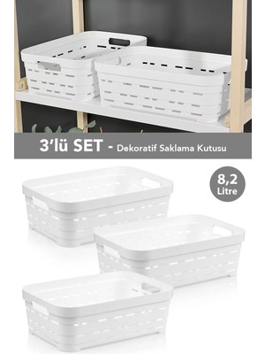 Meleni Home 3'lü Delikli Dekoratif Piramit Saklama Kutusu - Dolap Içi Düzenleyici Organizer Kutu 8,2 Lt Beyaz